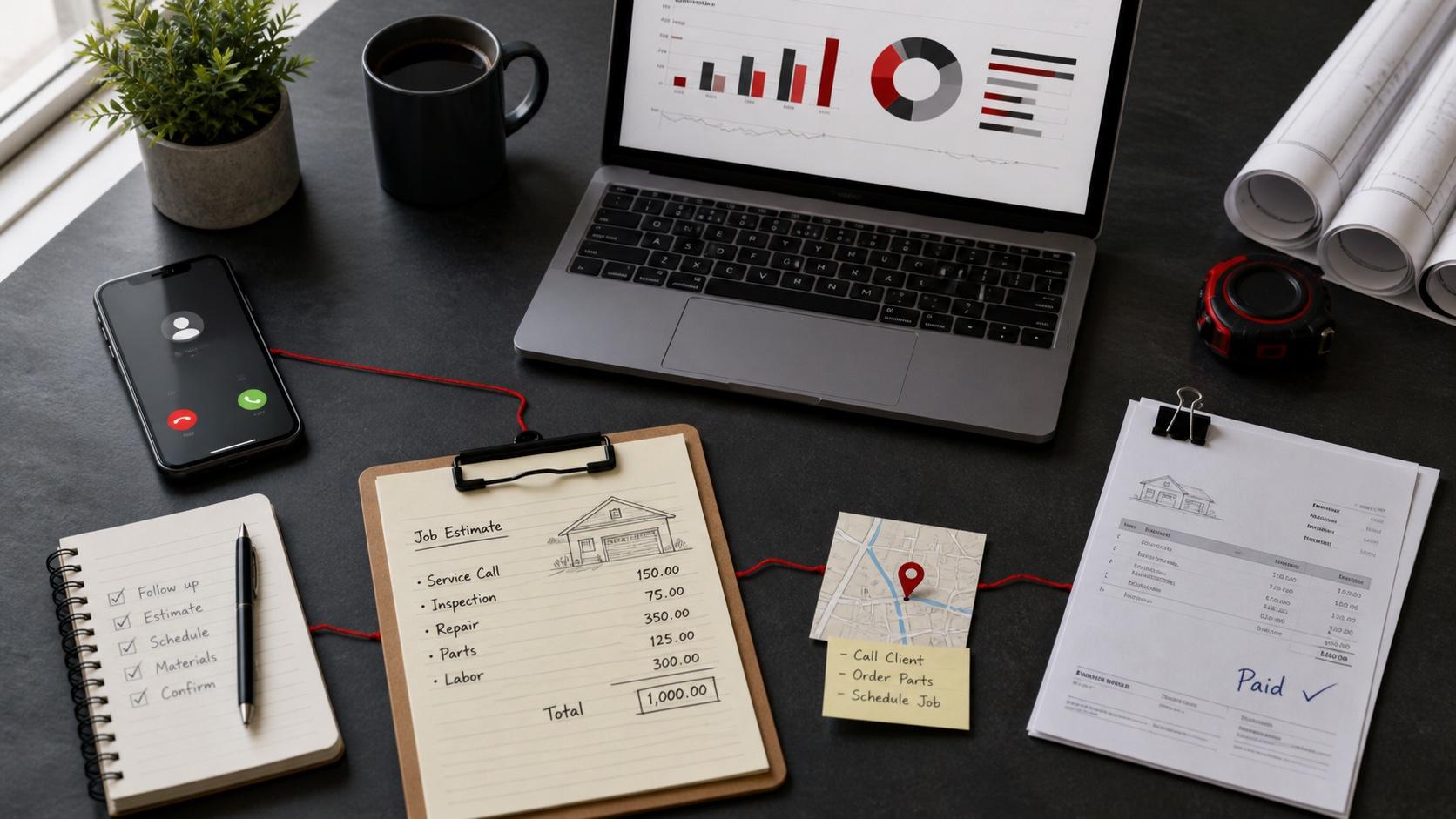 A home service marketing desk connecting a phone call, job estimate, map, dashboard, and paid invoice